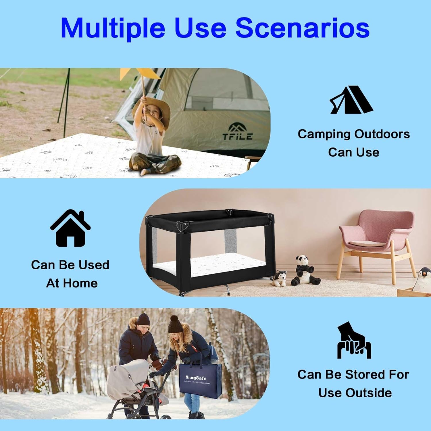 SnugSafe Pack and Play Mattress Pad (38"x26"x1.8") with Carry Bag, Waterproof Pack n Play Mattresses Pad with Soft Anti-Slip Washable Breathable Cover, Portable Playpen Mattress, 1.8" Thick