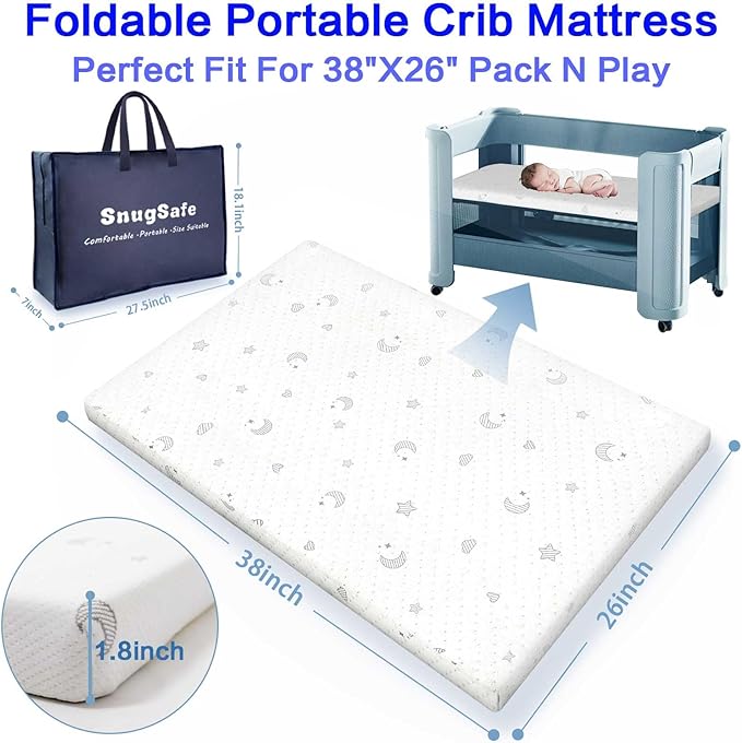 SnugSafe Pack and Play Mattress Pad (38"x26"x1.8") with Carry Bag, Waterproof Pack n Play Mattresses Pad with Soft Anti-Slip Washable Breathable Cover, Portable Playpen Mattress, 1.8" Thick